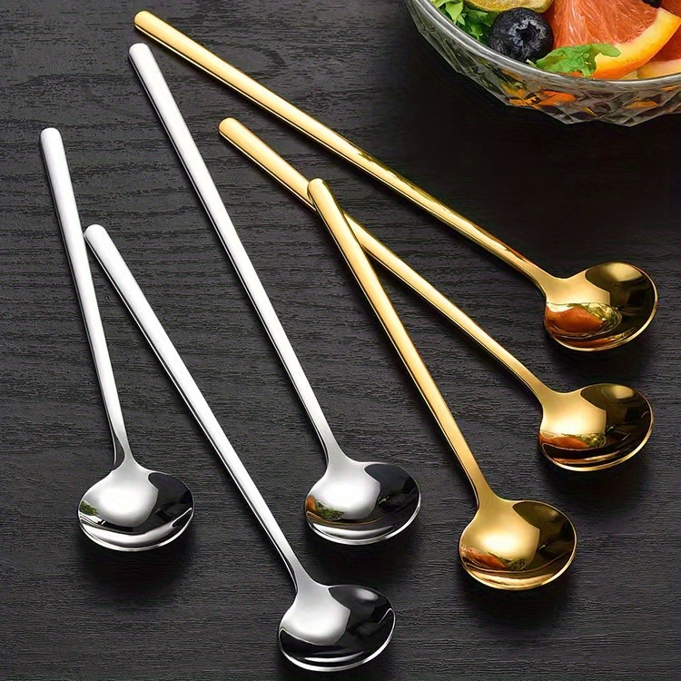 4pcs set stainless steel long handle spoons   coffee milk ice honey elegant golden finish small round mixing cake spoon details 2