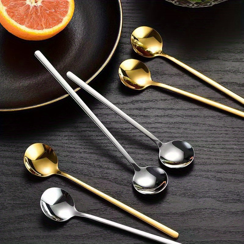 4pcs set stainless steel long handle spoons   coffee milk ice honey elegant golden finish small round mixing cake spoon details 0