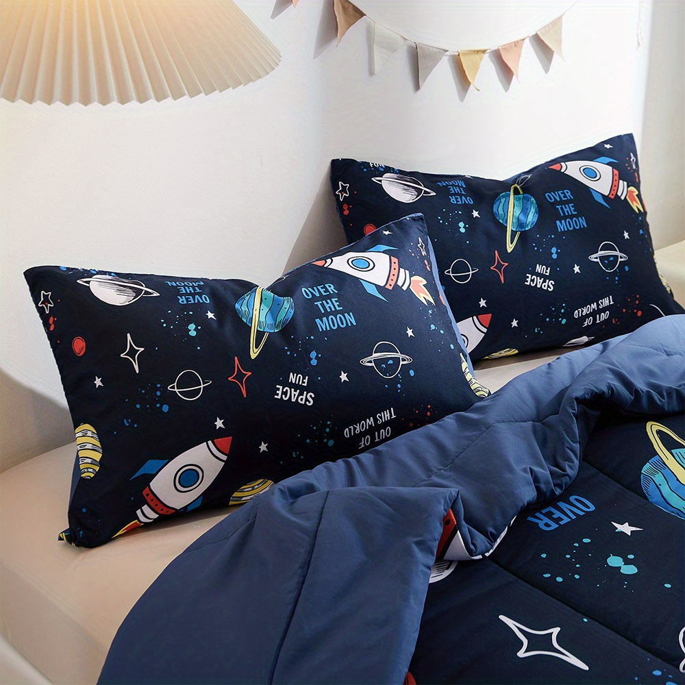 3pcs comforters set queen size space rocket bedding set for home decor details 5