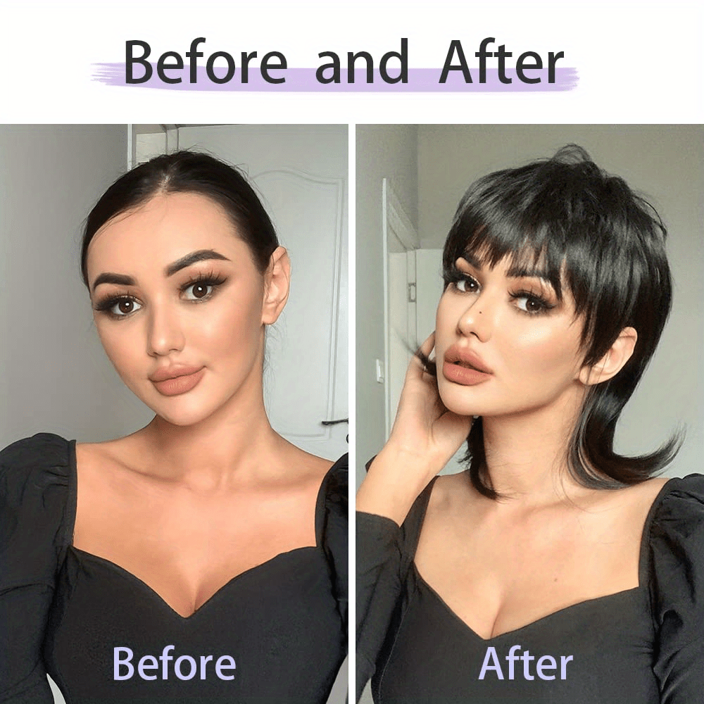 Women's 14 Black Mullet Wig Bangs Human Hair Short Pixie Cut Temu