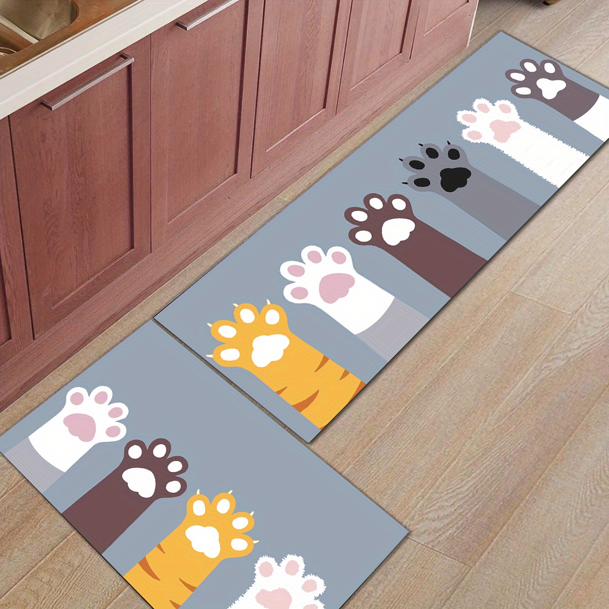 1 Cat Paw Printed Floor Mat, Blue Cat Paw Kitchen Rug, Farmhouse