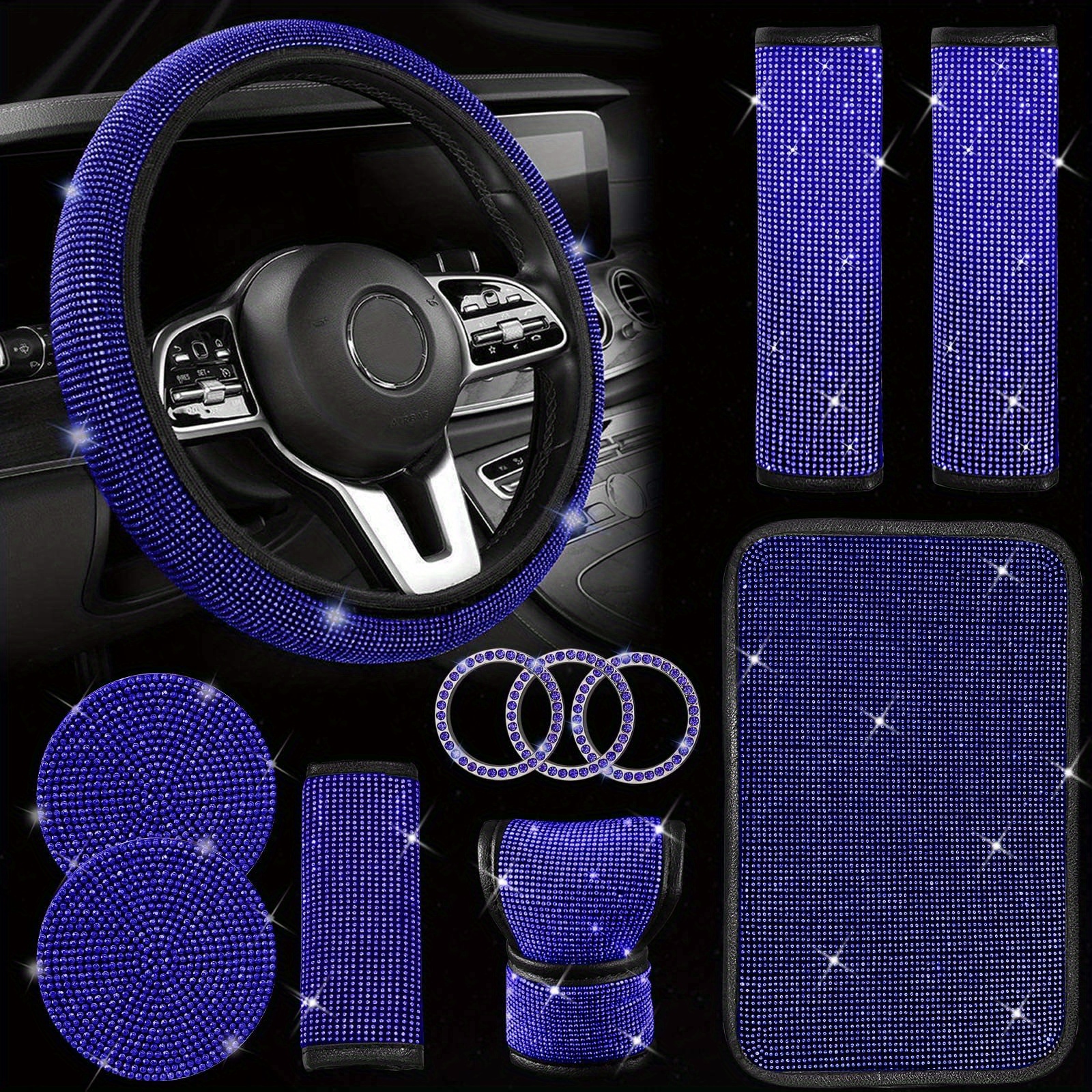 Bling Car Accessories Set for Women, Bling Steering Wheel Cover Universal  Fit 15 Inch, Diamond Car USB Charger Bling Car Mobile Holder Rhinestone Car