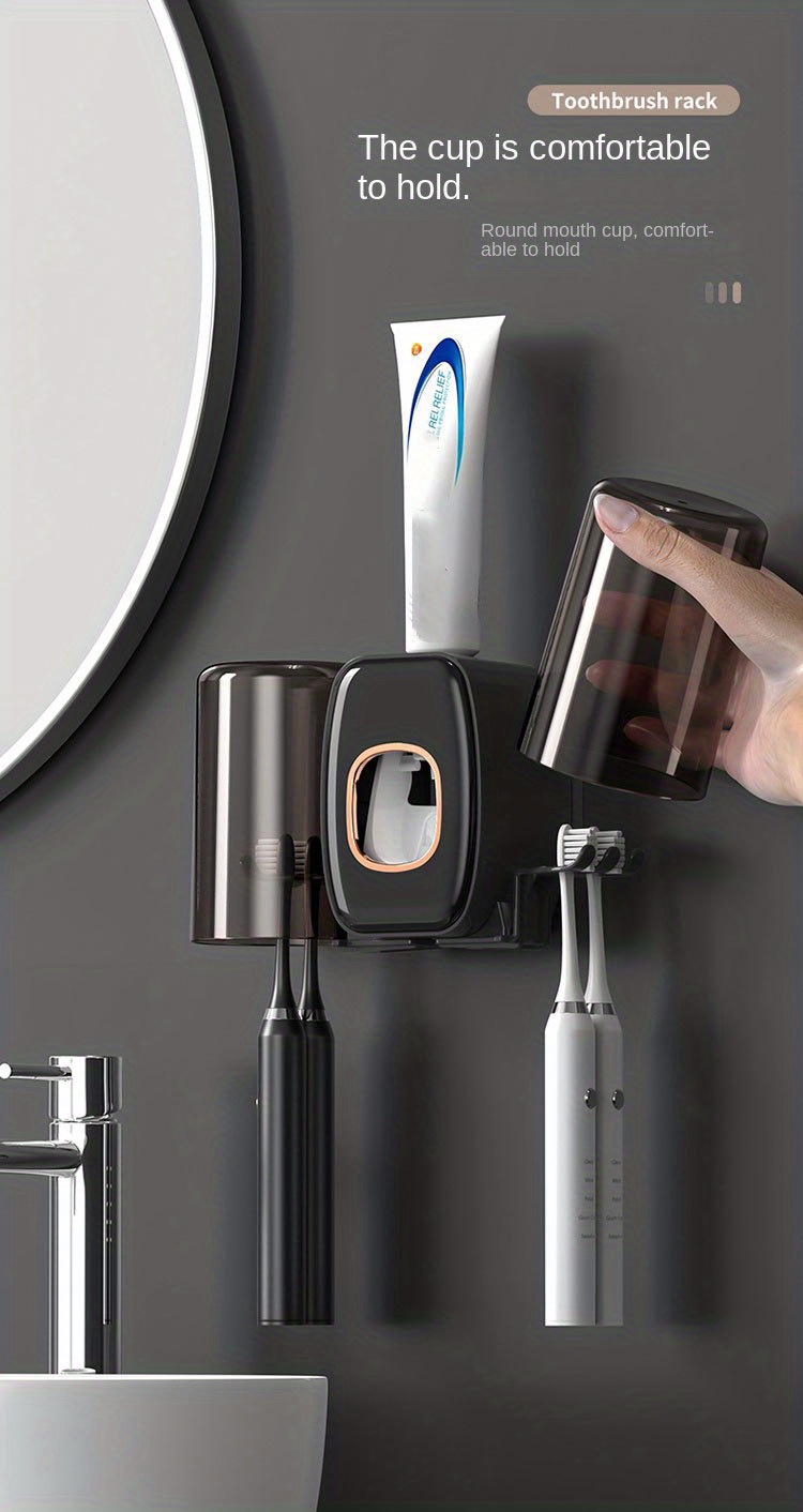 1pc automatic toothpaste dispenser with brush holder gargle cup multifunction toothbrush holders for bathrooms bathroom tooth brush holder set toothbrush organizer with cup wall mounted shower room decor set details 4