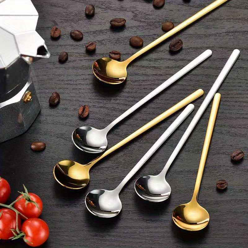 4pcs set stainless steel long handle spoons   coffee milk ice honey elegant golden finish small round mixing cake spoon details 1