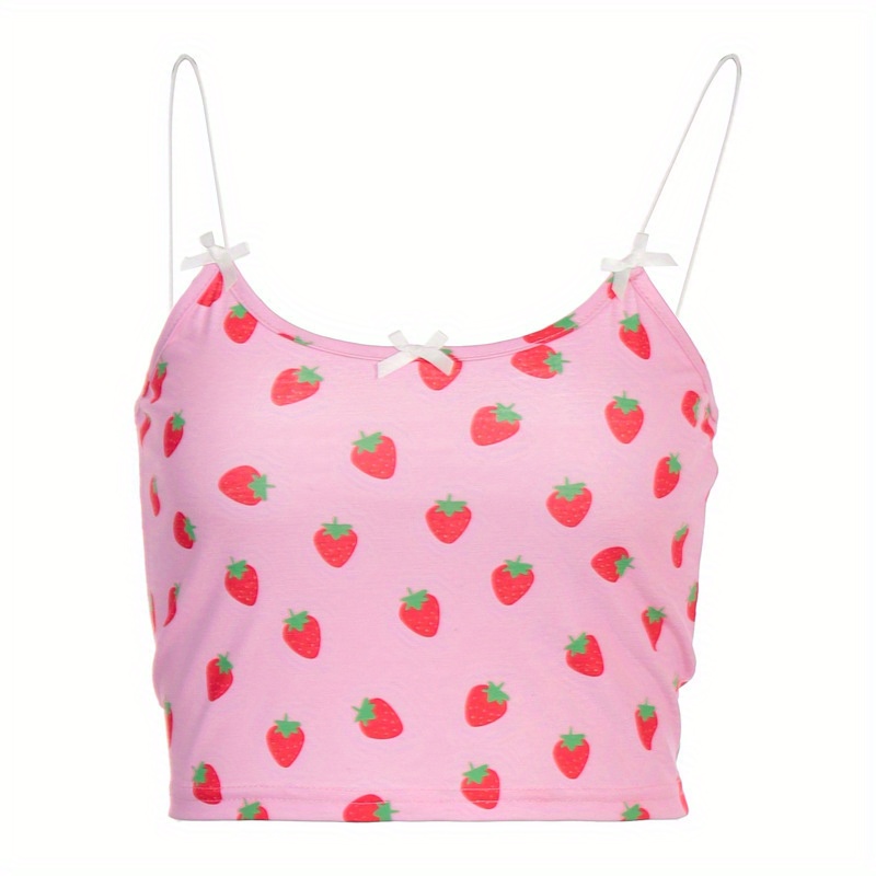 Women Cute Strawberry Printed Ruffles Spaghetti Strap Crop Tops, White,  Large : : Fashion