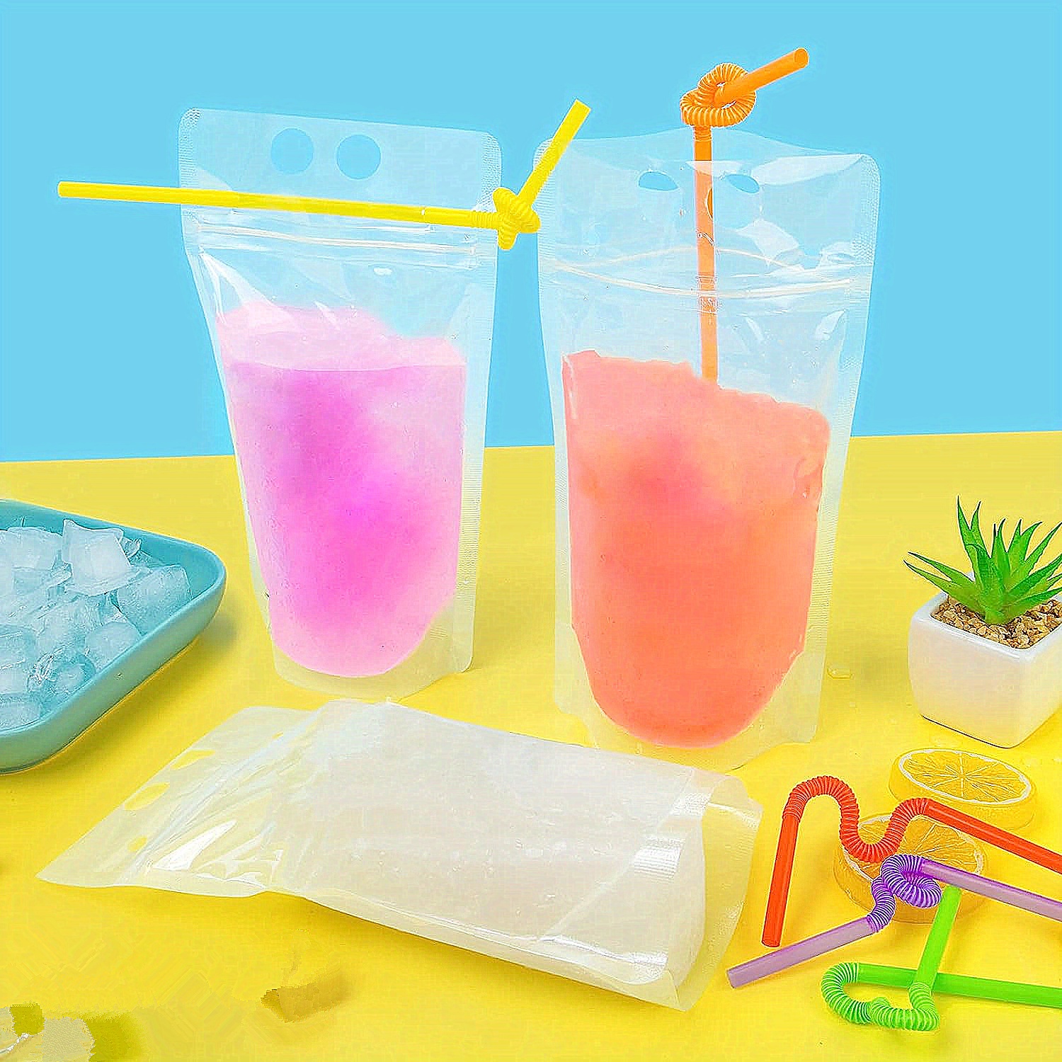 Ouddy 50 Pcs Drink Pouches, Juice Pouches for Adults, Reusable, Reclosable Zipper Smoothie Bags for Cold & Hot Drinks with 50 Straws & Silicone