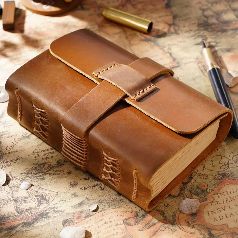 1pc 200 sheets craft paper page notebook handmade vintage cowhide genuine leather cover meeting record book journal diary book office supplies gift details 0
