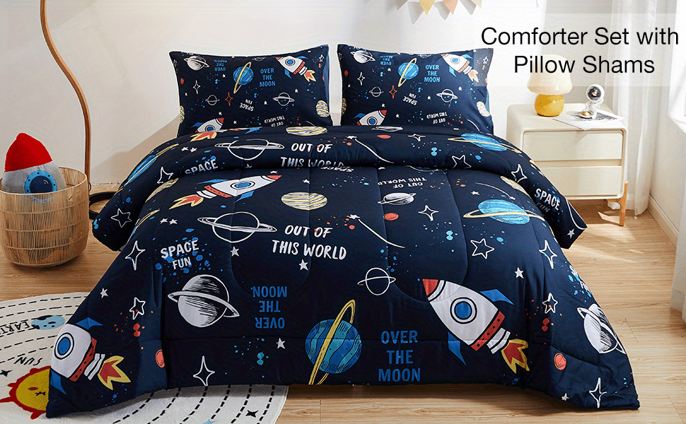 3pcs comforters set queen size space rocket bedding set for home decor details 0