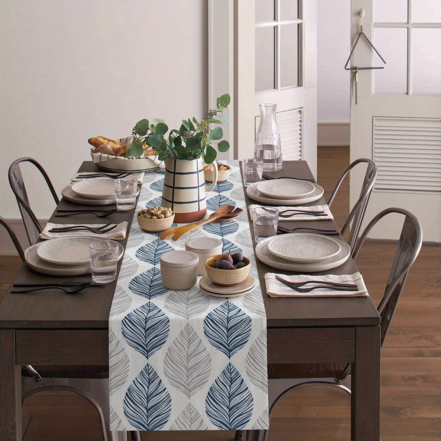 Linen Table Runner Navy Blue Grey Leaf Texture Kitchen - Temu