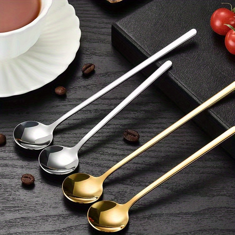 4pcs set stainless steel long handle spoons   coffee milk ice honey elegant golden finish small round mixing cake spoon details 3