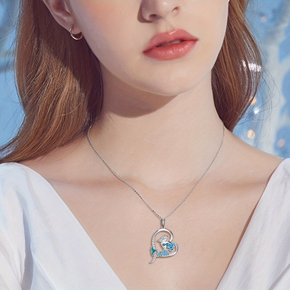 Elegant Heart Mermaid Necklace For Men And Women, Sparkling Blue