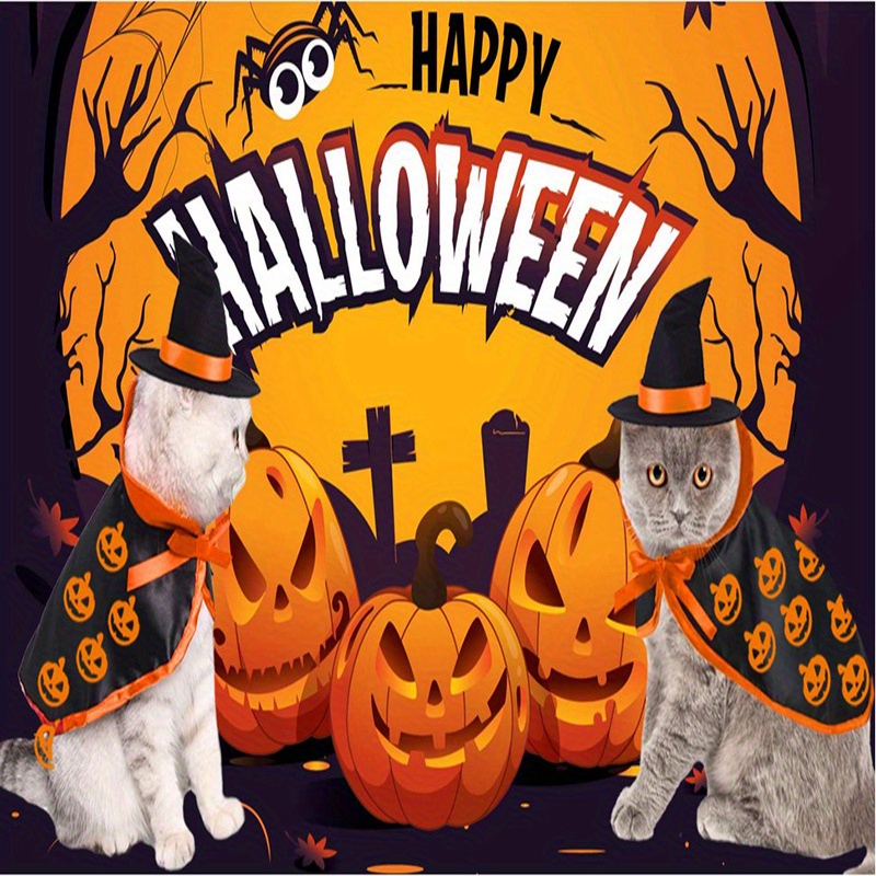 Pumpkin Graphic Pet Halloween Costume Vampire Cloak And Wizard Hat Cat