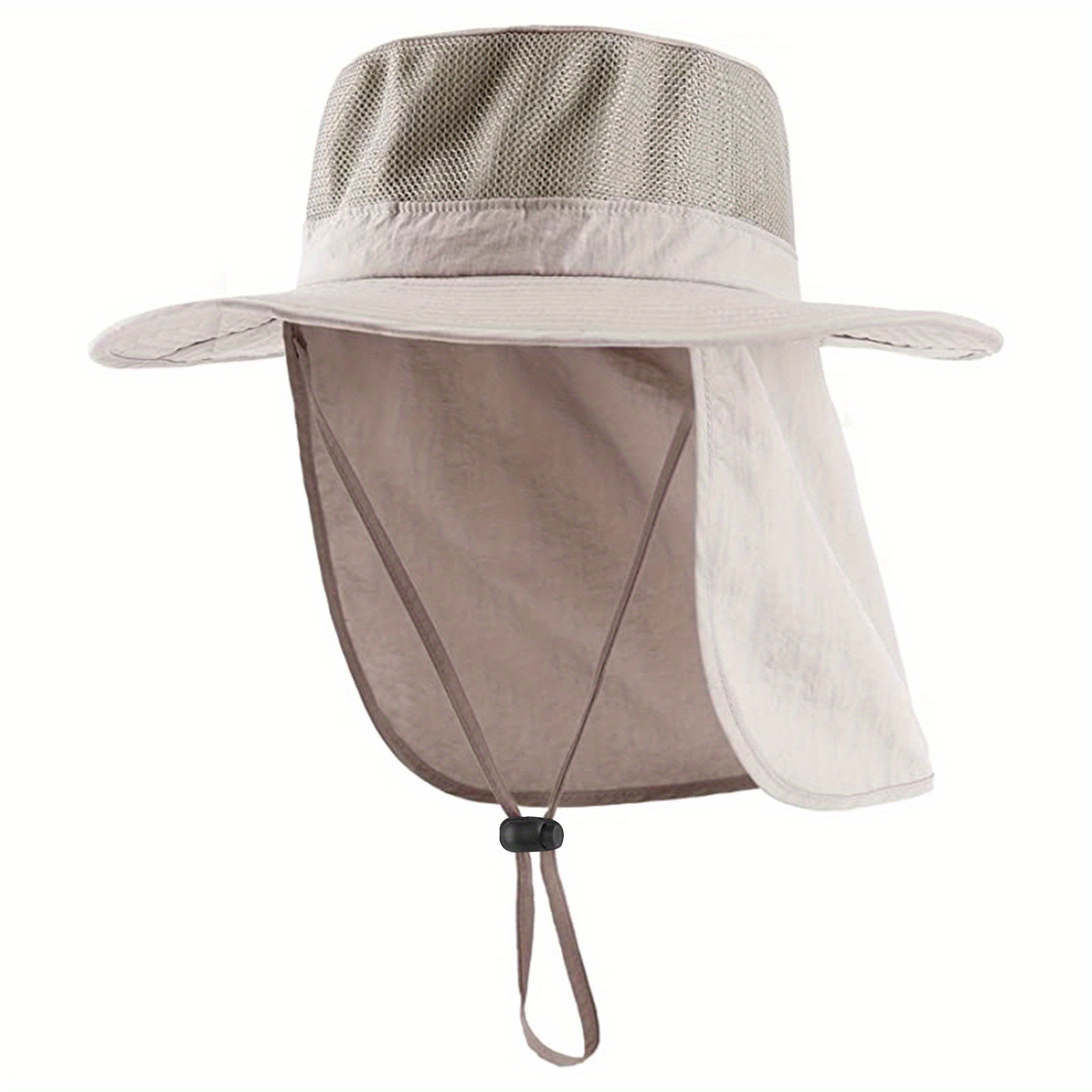 Beige Funky Sun Protection Hat, Men's Hat For Men Wide Brim Hiking Neck Flap Fishing Hat With