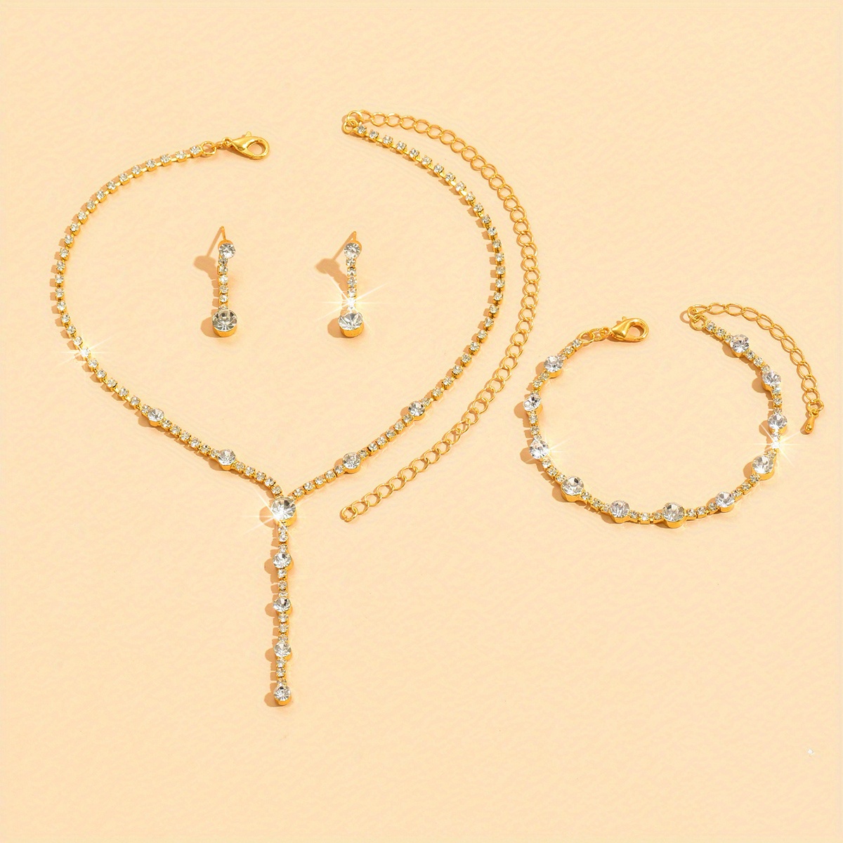 AYYUFE 4Pcs/Set Shiny Elegant Necklace Earrings Bracelet Ring Adjustable  Women Rhinestone Heart Pendant Necklace Set Jewelry Accessory