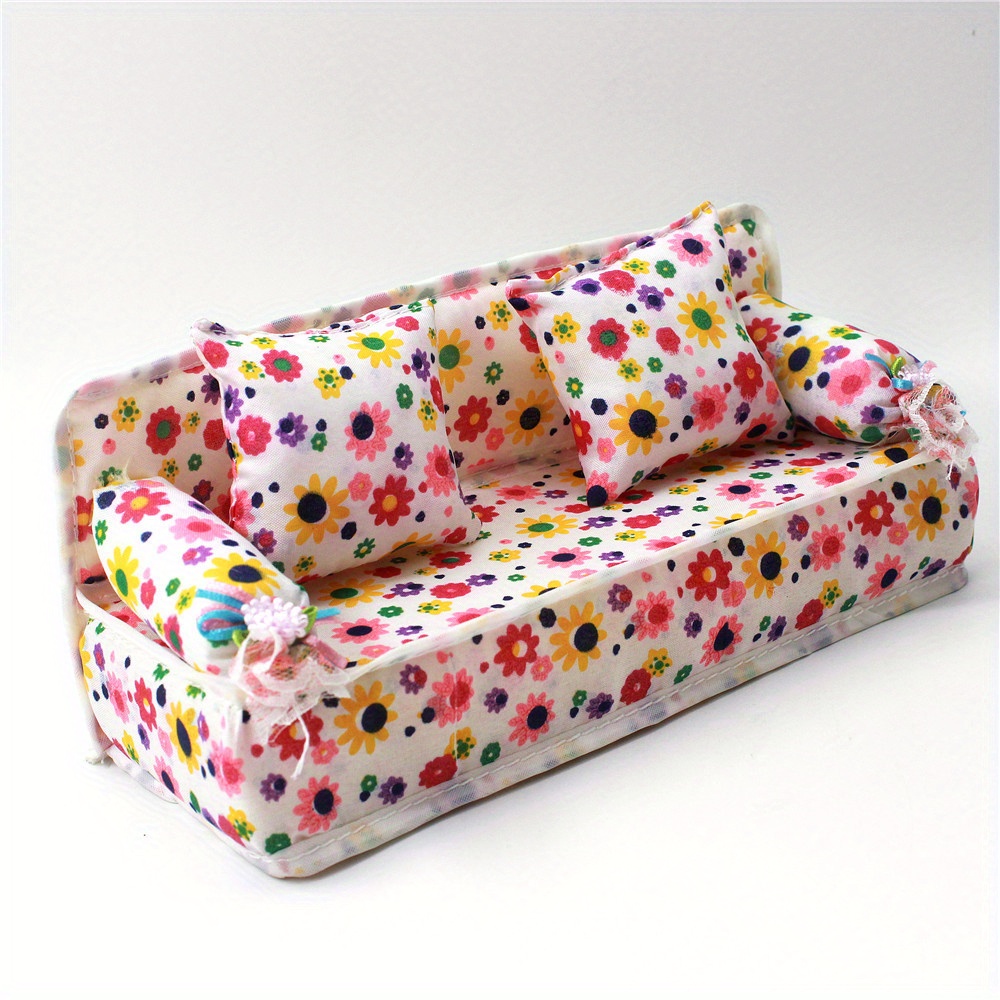 juguete - 1 Mini sofá + 2 cojines de tela y diseño de flores, accesorios  para casa de muñecas, regalo de cumpleaños, Accesorios para juego y  decoració