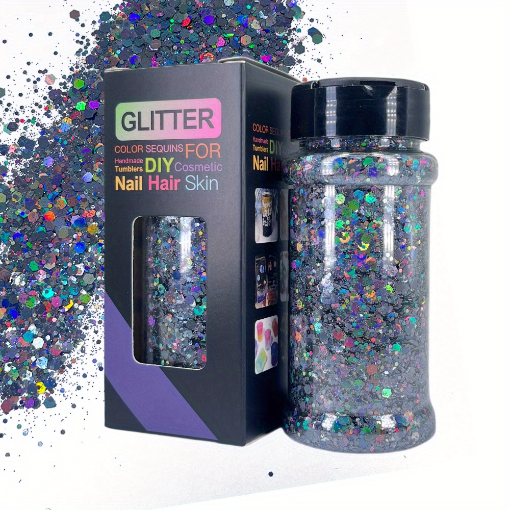WOOGLITTER Black Holographic Chunky Glitter, 7.05 Oz (200g), Craft Glitter  for Resin Crafts Nails Tumblers Slime Cosmetic and Festival Decoration 
