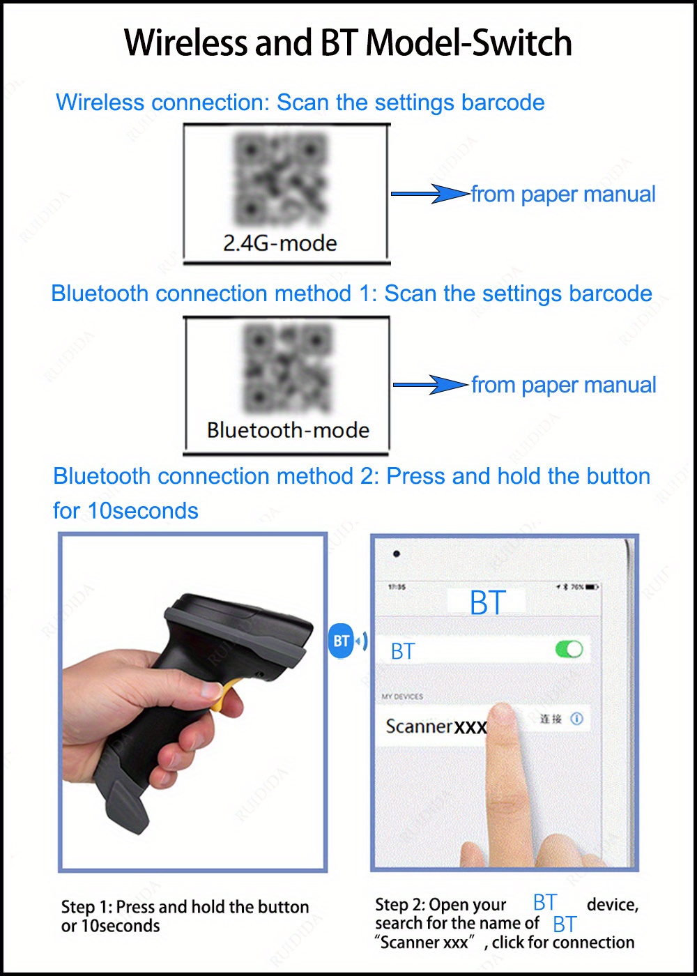 Wireless Bt 2d Barcode Scanner With Charging Base Scan Qr Codes