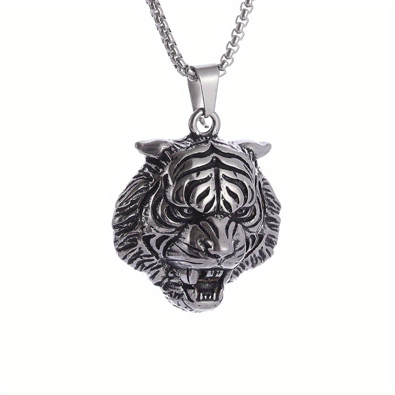 Image of 1pc Of Stylish 304 304 304 304 Stainless Head Necklace For Men, Vintage Non-fading Trendy Animal Pendant Necklace, Men's Jewelry