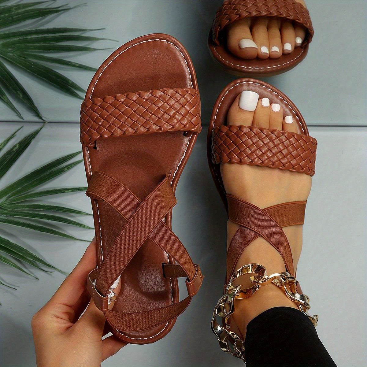  Women Wide Fit Braided Flat Sandals, Vacation Brown