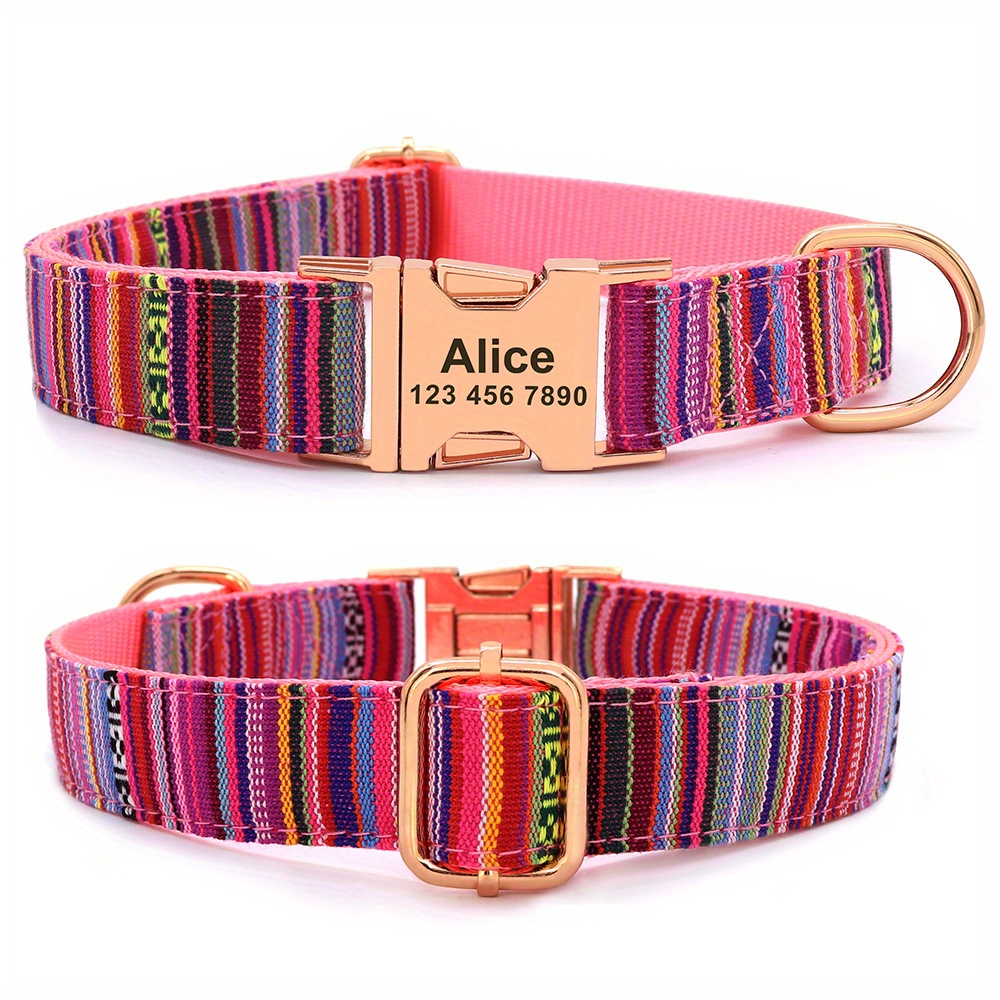 Custom Engraved Nylon Dog Collar With Striped Pattern, Metal - Personalized Pet Id Tag Nameplate For Small To Medium Breeds