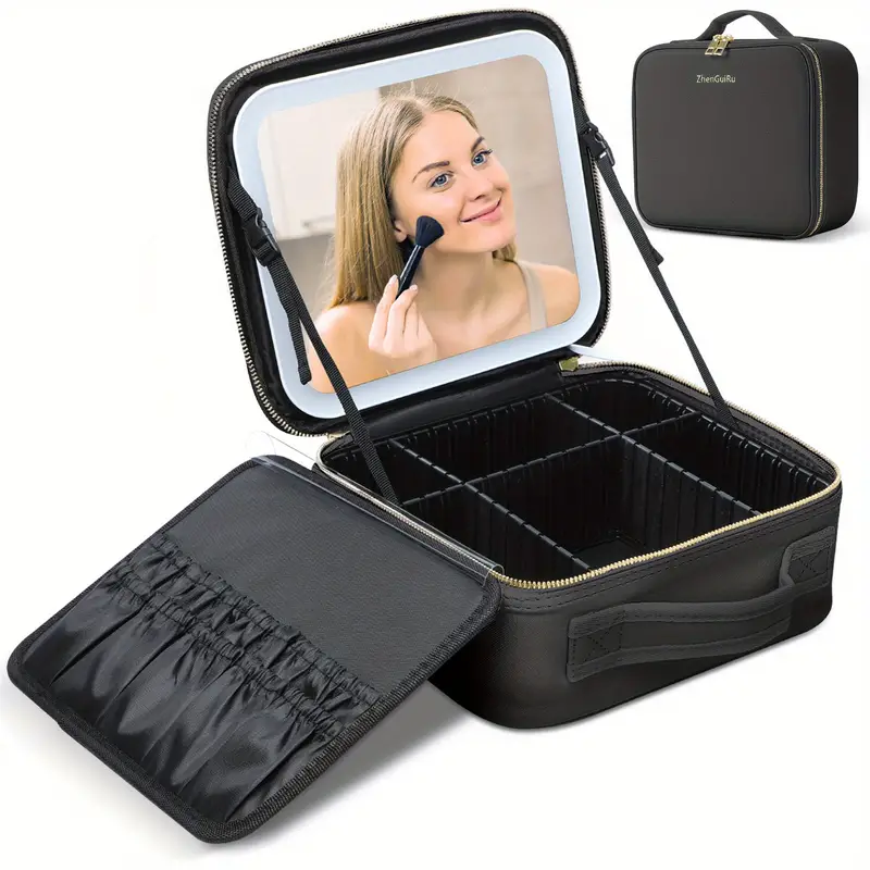 makeup travel train case with mirror led light 3 color adjustable brightness cosmetic bag portable storage adjustable partition waterproof makeup brushes makeup jewelry storage case gift for women details 4