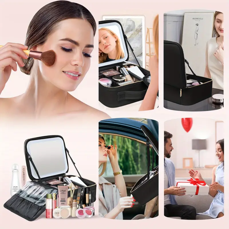 makeup travel train case with mirror led light 3 color adjustable brightness cosmetic bag portable storage adjustable partition waterproof makeup brushes makeup jewelry storage case gift for women details 1