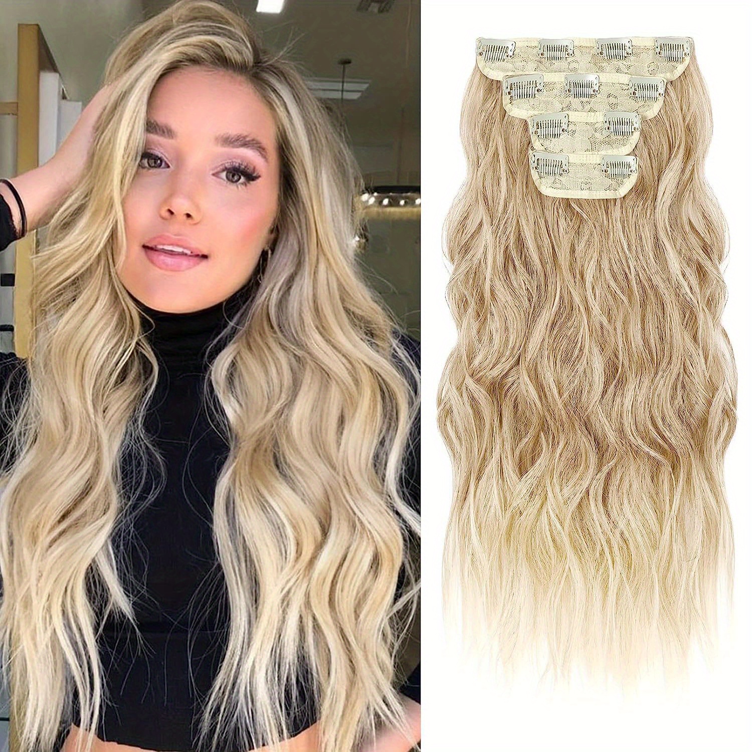 4pcs Hair Extensions, Human Hair Extensions, Dark Blonde with Light Blonde Ends, Clip in Hair Extensions Natural Soft Synthetic Hairpieces for