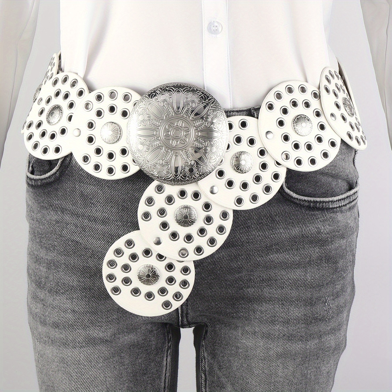 Multicolor Punk Eyelet Pu Belt Vintage Wide Round Disc - Temu