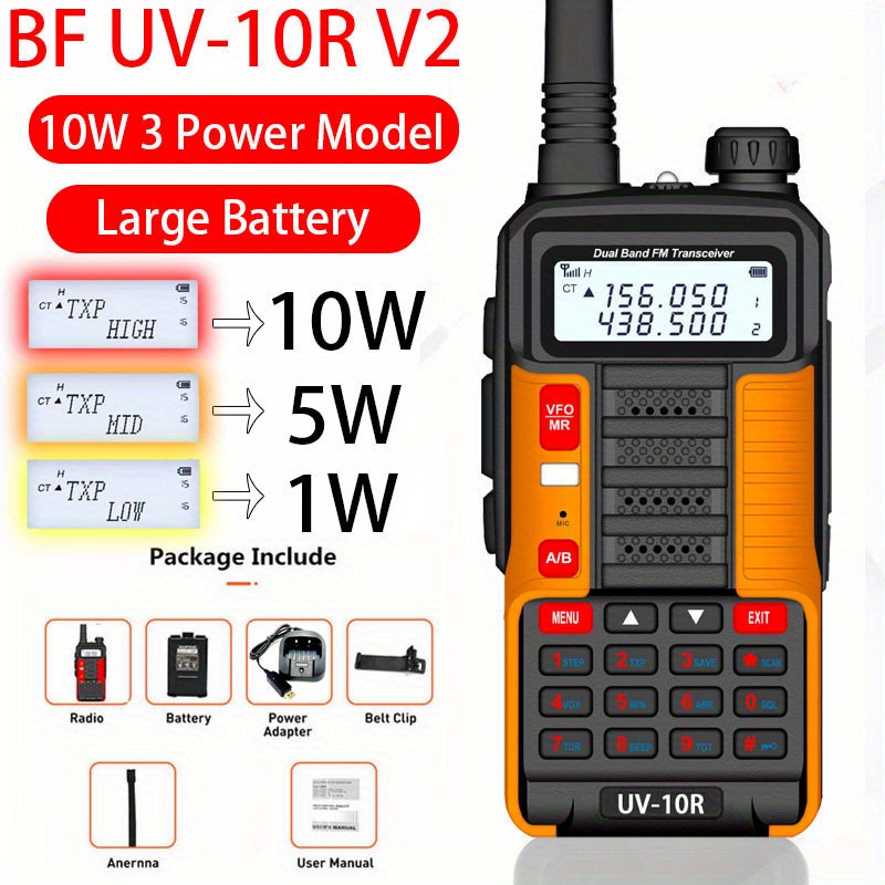 2023 Baofeng 10w High Powerful Power Model Professional Portable Walkie  Talkie Uv 10r V2 128 Channels Larger Capacity Battery Transceiver Dual Band Two  Way Cb Ham Radio Transceiver Long Range