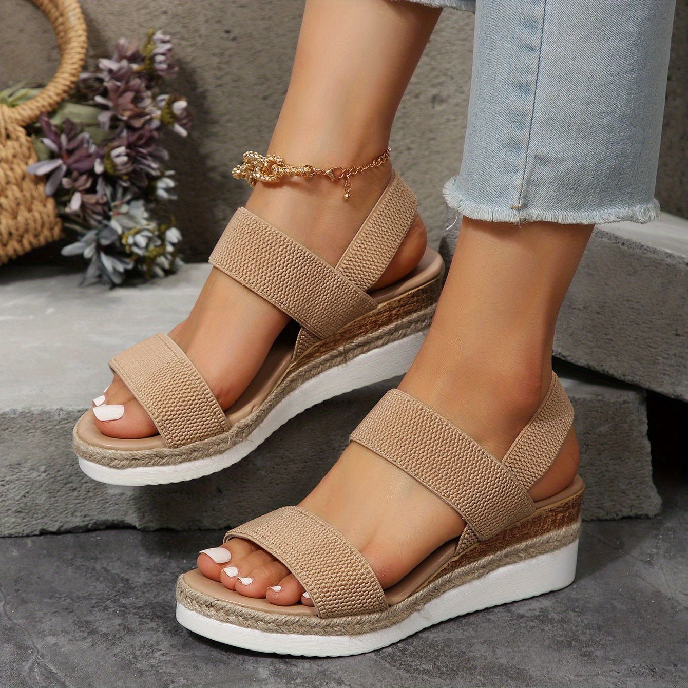 GWAABD Spring Sandals for Women 2038 Women Sandals New foreign Trade Large  Open Toe Sandals Comfortable Wedge Heel Elastic Bland Sandals 