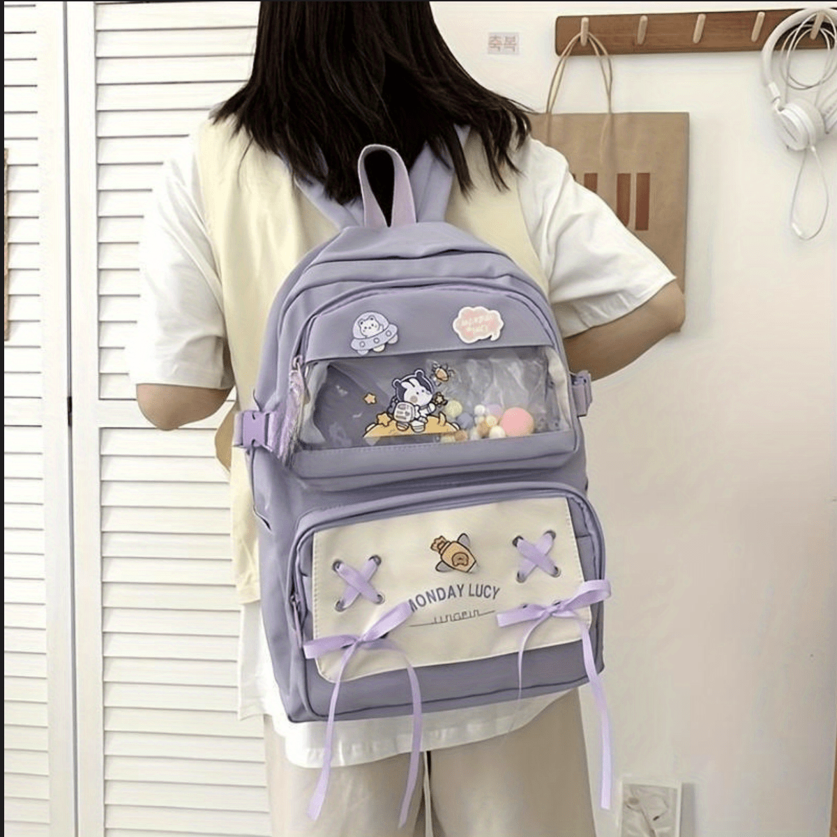 Teksome sac à dos Kawaii | Sacs à dos pour filles | sac à dos scolaire 5  pièces | Sac à dos Kawaii avec jolis accessoires à épingles | Sac à dos