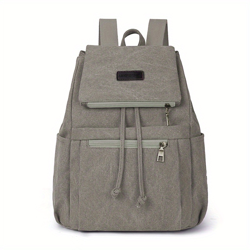 Vintage Canvas Pocket Flap Backpack Lightweight Drawstring Schoolbag