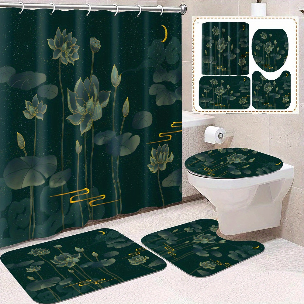 Lotus Shower Curtain Green Waterproof Shower Curtain Hooks - Temu Canada