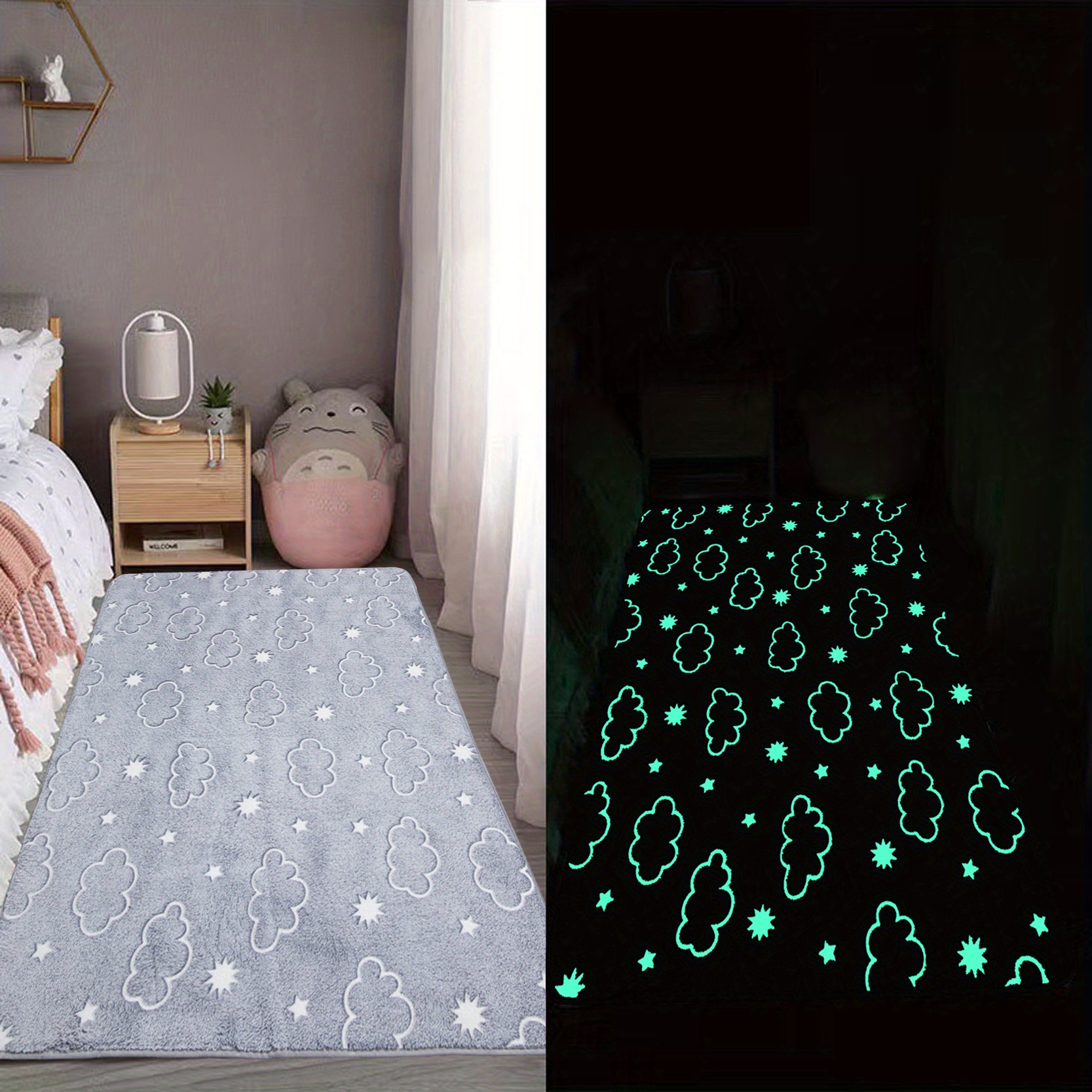 1pc luminous fluffy plush area rug for room thickened moon memory foam floor mat glow in dark thicken play mat soft bedside rug for bedroom details 3