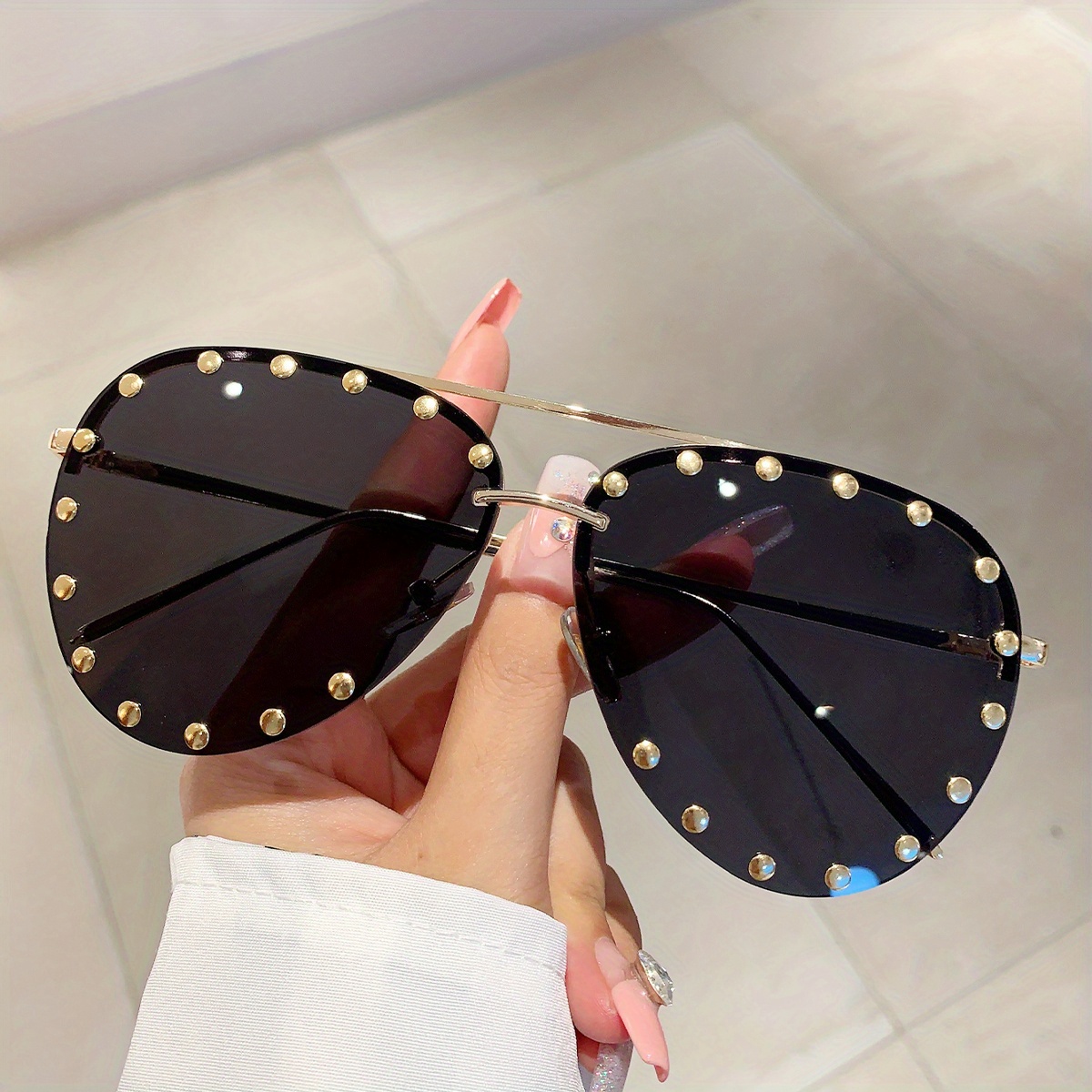 Double Bridge Rimless Fashion Sunglasses For Women Men Punk Rivet Aviator  Ombre Uv400 Sun Shades For Summer Beach Party - Temu Bahrain