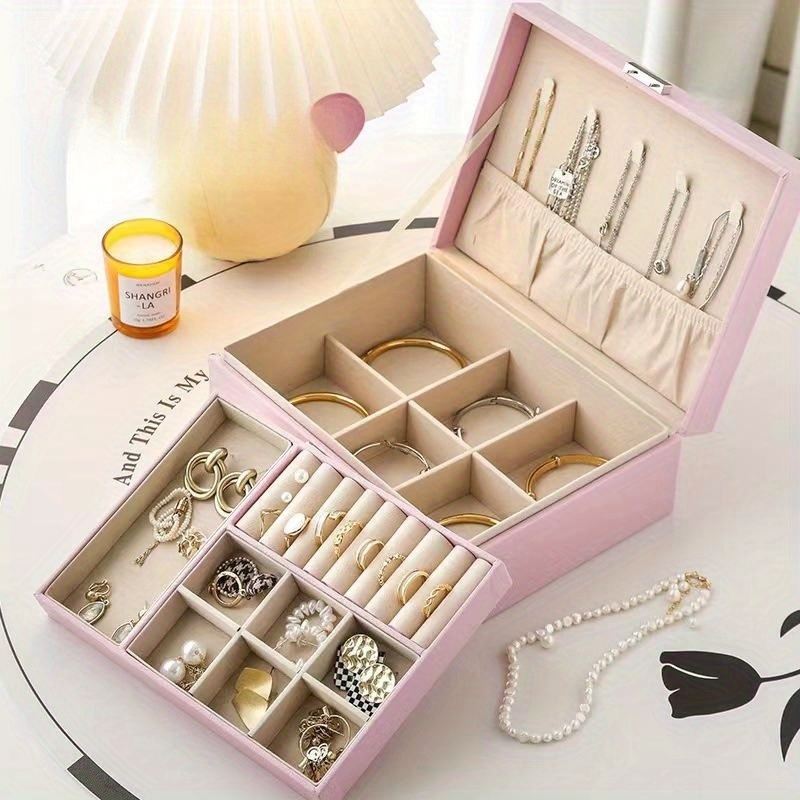 1pc Double Layer Portable Jewelry Box, Mini Travel Case Display Organizer  For Earrings Rings Necklaces Bracelets
