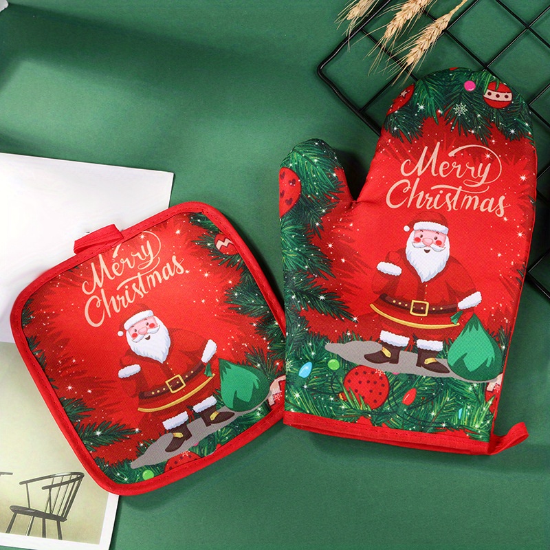 2pcs/set Christmas Microwave Oven Gloves Kitchen Household Baking Heat  Resistant High Temperature Oven Mitts