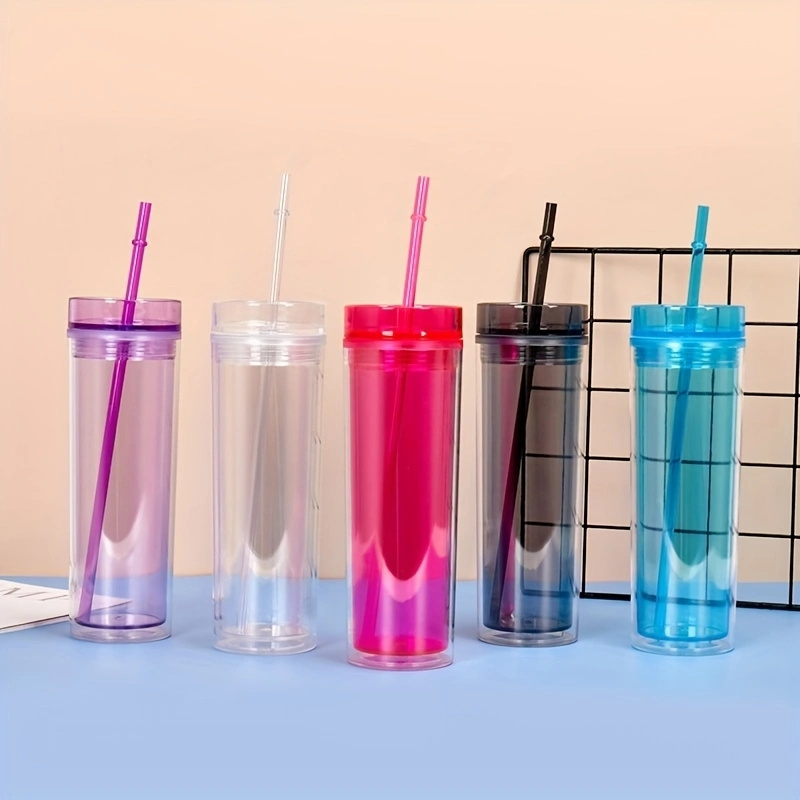 Clear Colorful Tumbler 16oz Water Cup With Straw Plastic Travel
