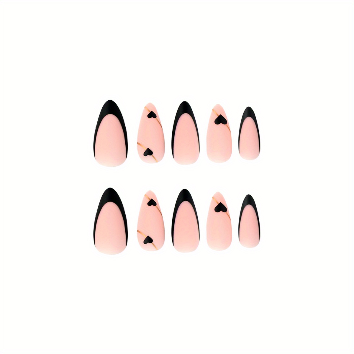 24pcs french tip fake nails black heart press on nails with golden line design matte glue on nails full cover medium almond false nails with glue sticker and nail file for women girls details 2