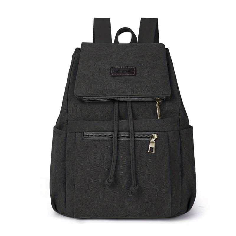 Vintage Canvas Pocket Flap Backpack Lightweight Drawstring Schoolbag