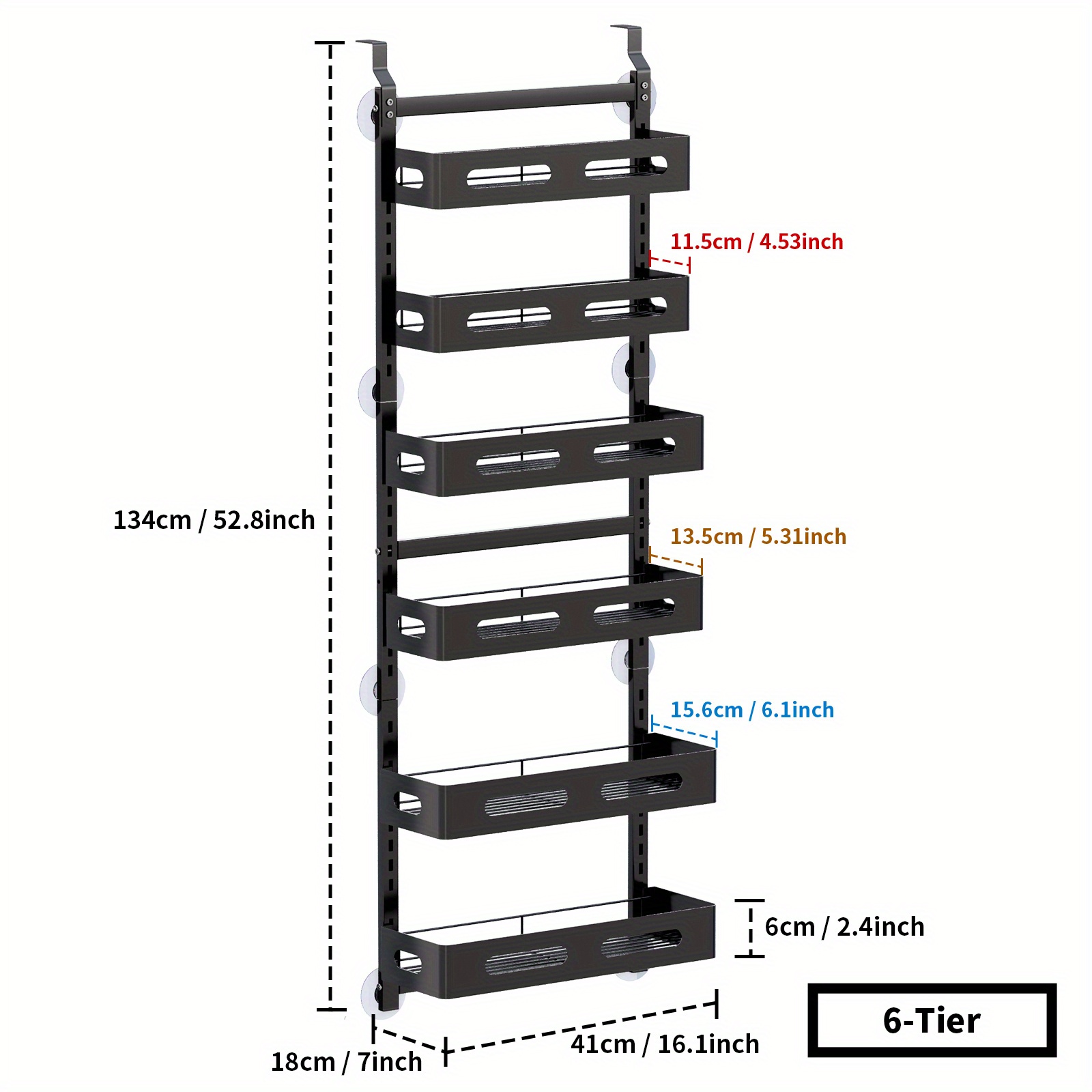  OTTOLIVES Estante organizador de despensa de 6 niveles,  organizador sobre la puerta con 6 cestas completas, metal resistente para  colgar sobre la puerta, organizador de especias para baño, color negro 