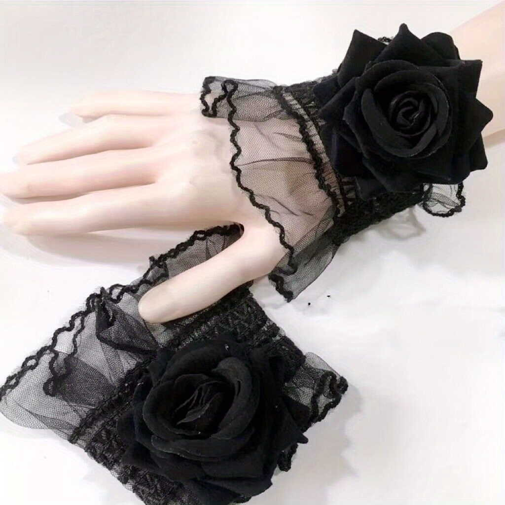 Ruffled Wrist Cuff Gothic Black Lace Gloves Fingerless 