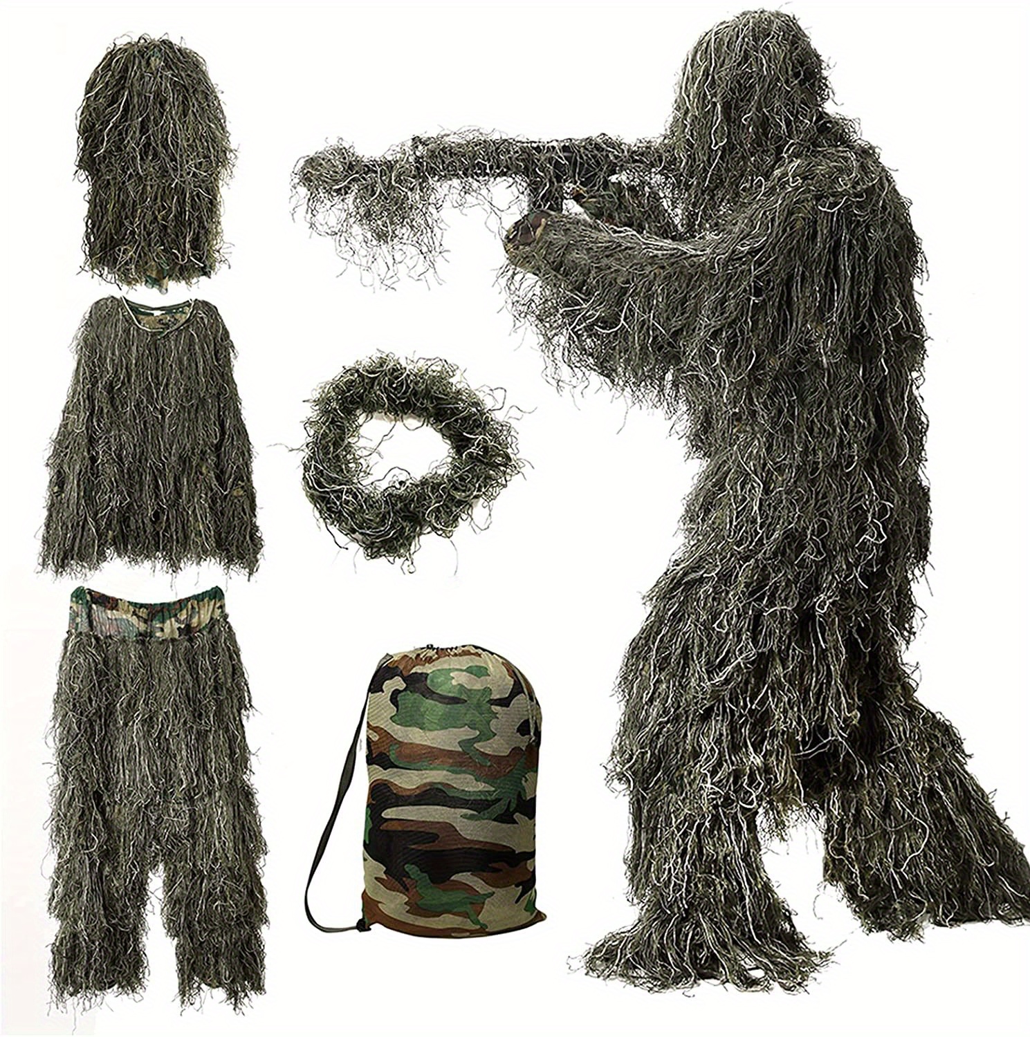 Ghillie Suit, 5 in 1 camouflage suit, outdoor lightweight camouflage suit, for jungle hunting, CS, bird watching, or Halloween.