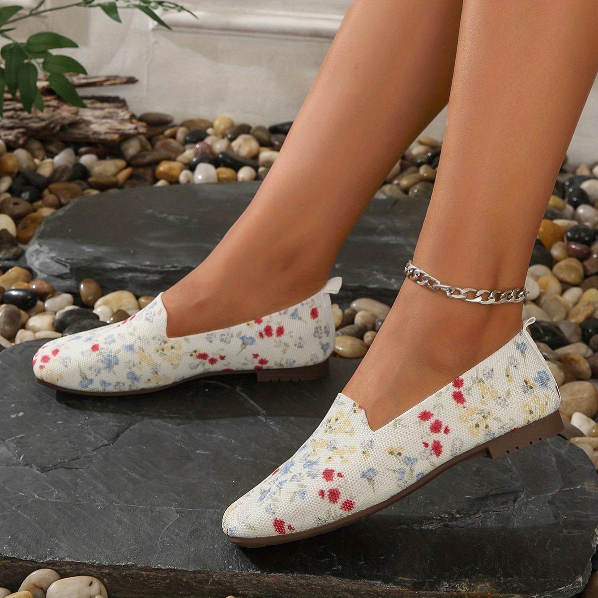 Floral Print Flat Shoes Lightweight Slip On Shoes