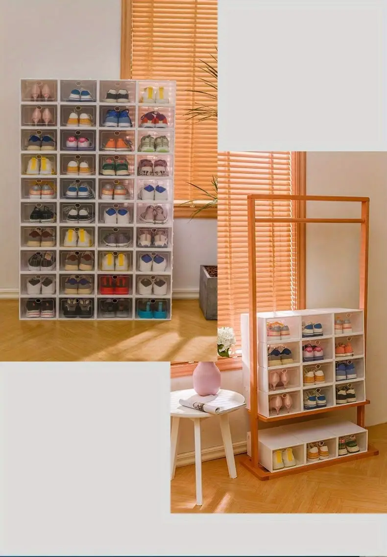 12pcs thickened plastic shoes boxes transparent easy assembly shoes organizer dustproof pp shoes box for men and women side opening door shoes cabinet high quality shoes storage box details 9