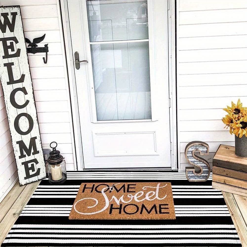 OJIA Door Mats Outdoor 27.5x43 Inches, Black and White Outdoor Rugs Cotton  Hand-Woven Front Door Rug Machine Washable Layered Doormats for Front