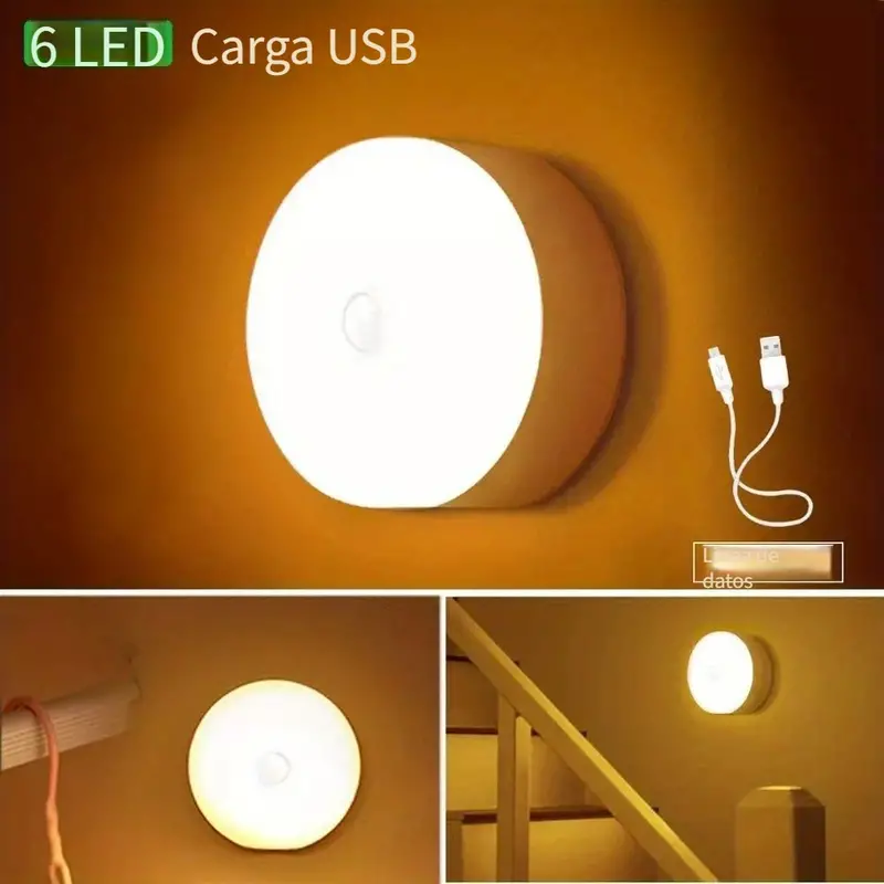 1 pza Luz nocturna con sensor de movimiento inalámbrico, luz de decoración  de dormitorio, lámpara decorativa de pared con detector de 6 LED para habit