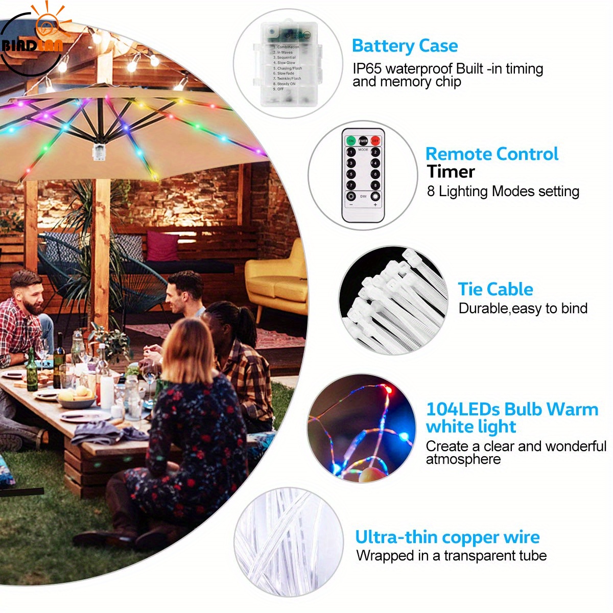 1 pack patio umbrella string light 8 brightness modes 104 leds at 3aa battery operated waterproof outdoor umbrella pole light for patio umbrellas camping tents multi colored details 3