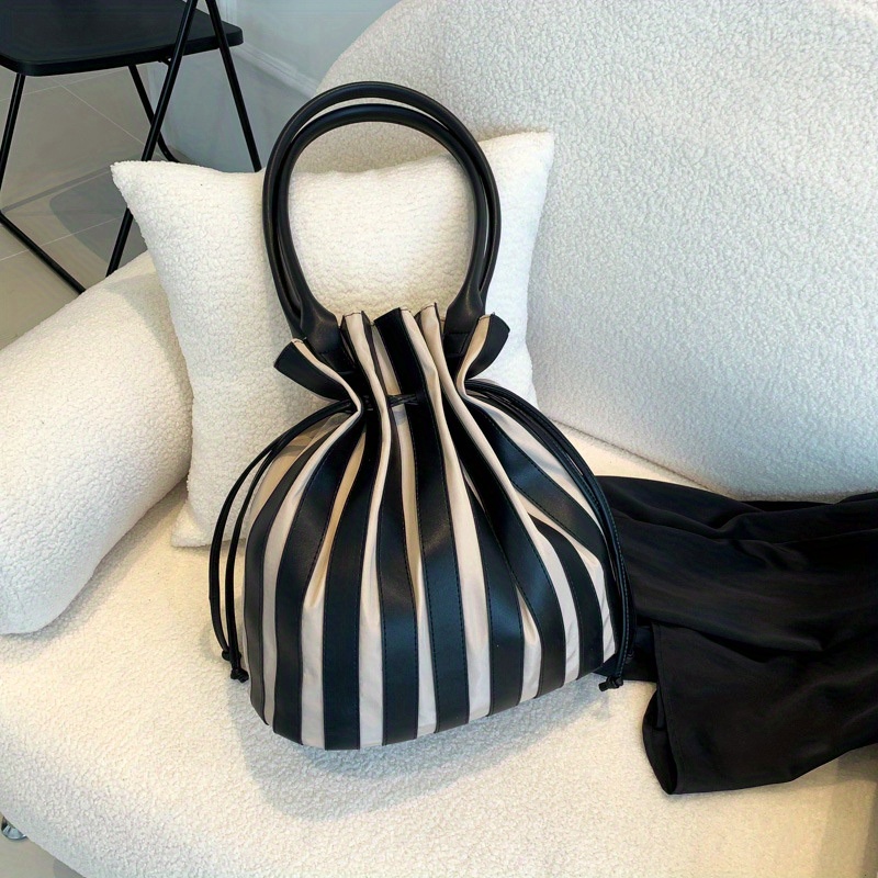 Striped Pattern Drawstring Bucket Bag Large Capacity Tote Bag