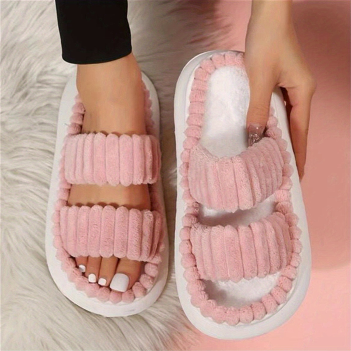 Women's Double Straps Plush Color Open Toe Non Slip Comfy Slides Fashion Indoor Platform Slippers Temu